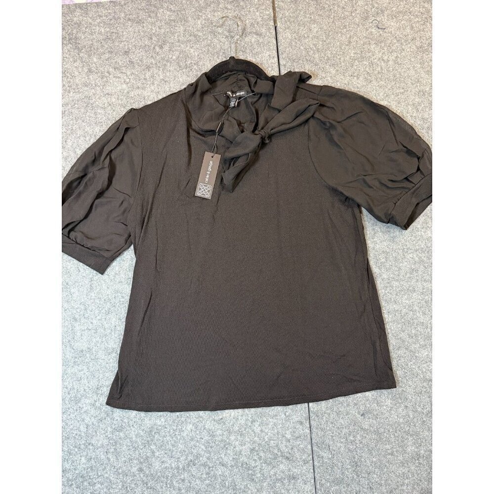 Cable & Gauge Top Women's Large Black Stretch Classic Short Sleeve Pullover